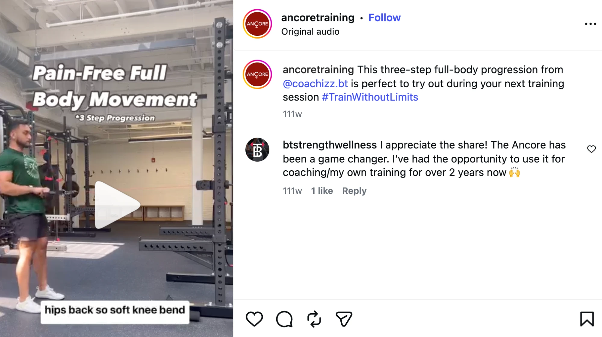 Instagram reel from ANCORE Training: a coach demonstrating a full-body movement progression in a gym, with the post caption alongside