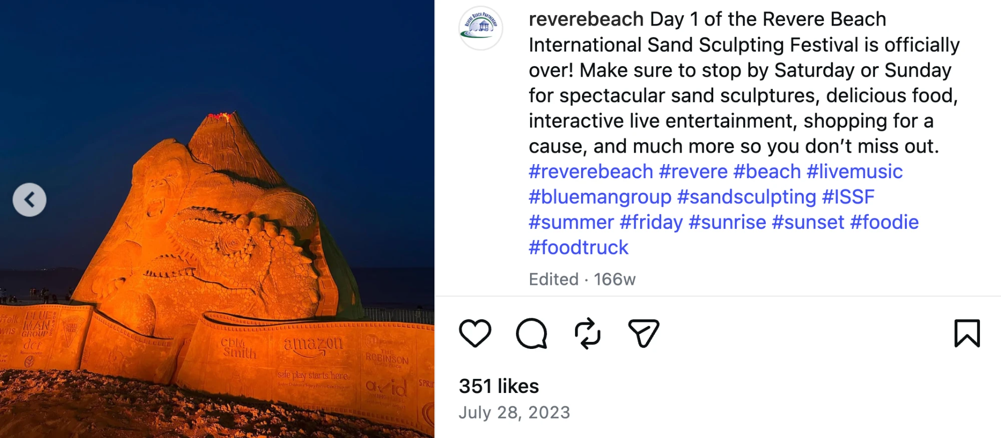 Instagram post from the Revere Beach International Sand Sculpting Festival: a sand sculpture lit orange at night, with the post caption alongside